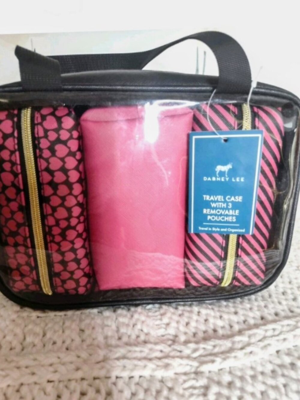 Dabney Lee Travel Case With 3 Removable Pouches 10x7x3.75", 5.5x2.5x2.5" Pouch.